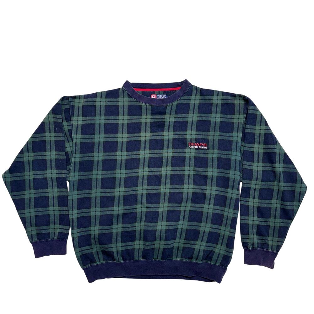 Vintage Chaps Ralph Lauren Sweatshirt Large Mens Green Tartan Plaid Pullover